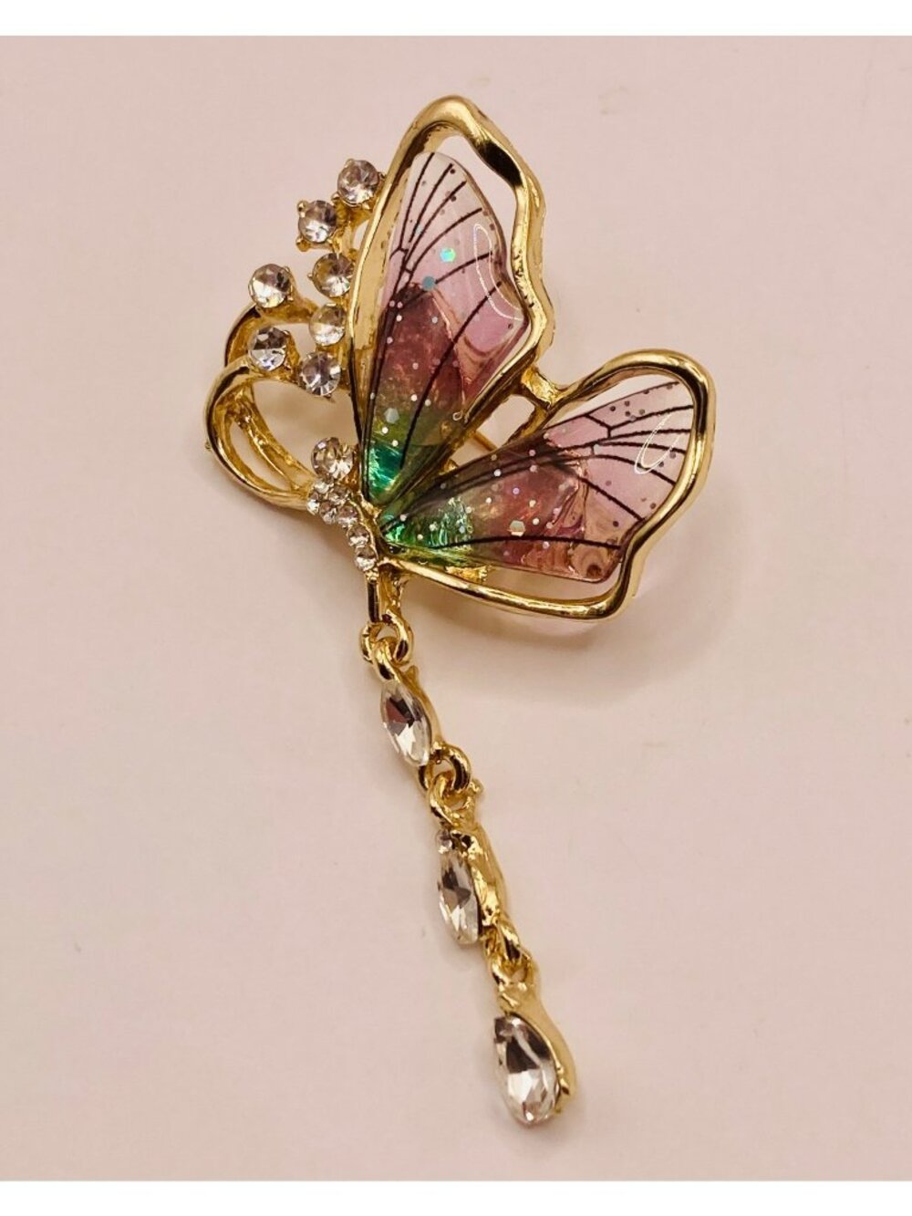 Gold Tone Butterfly Brooch Pin Dangling Crystals Purple & Green Glitter -103B